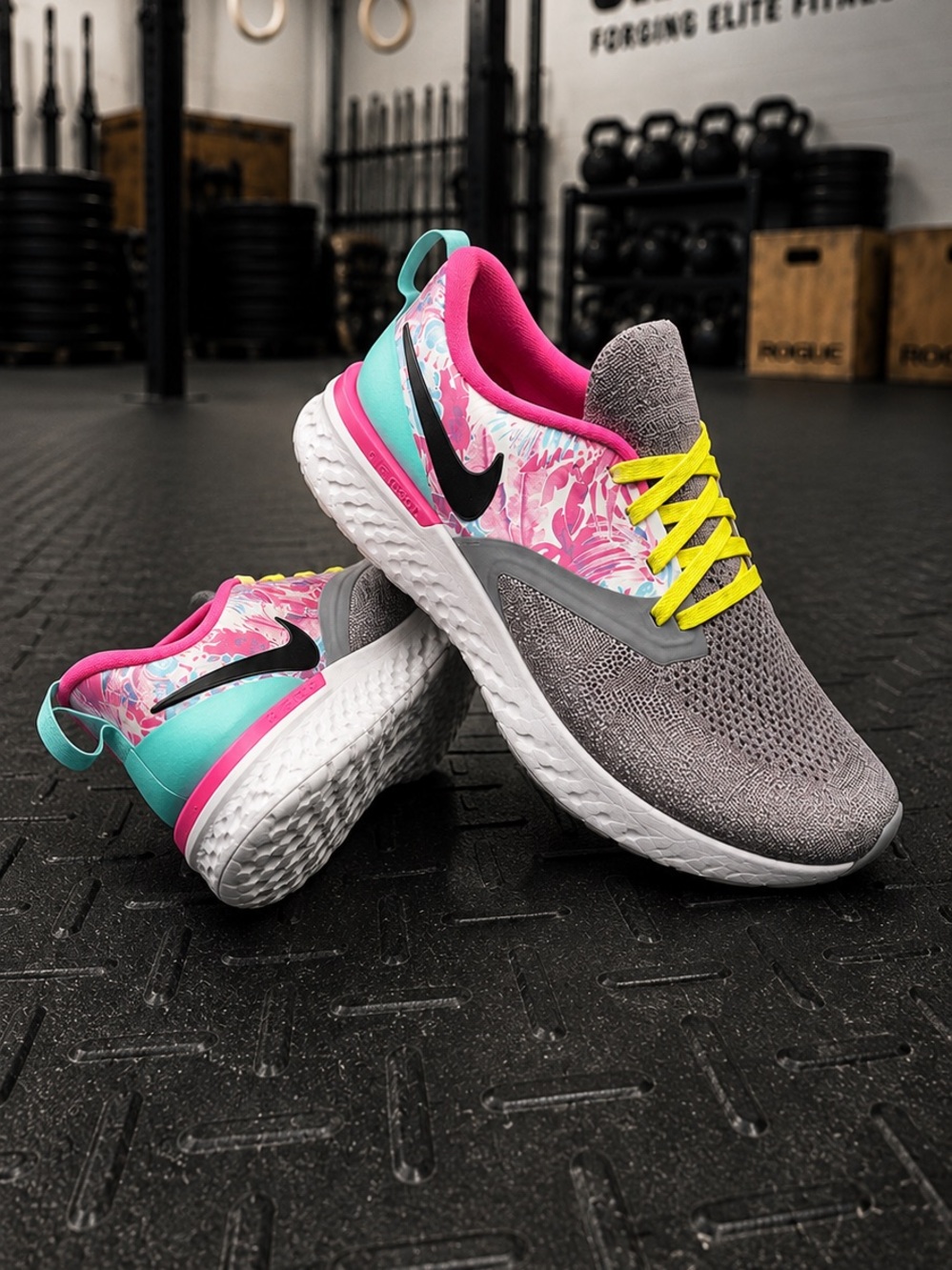 Nike Odyssey Gray Knit Running Shoes with Pink Floral
